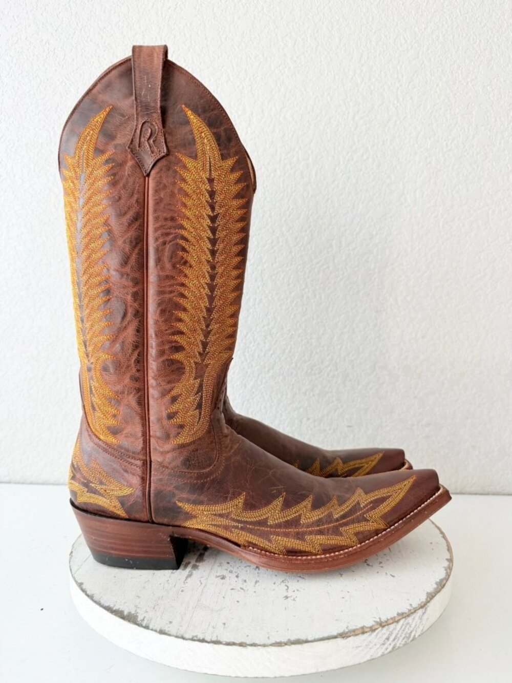 Rod Patrick Womens Brown Tall Cowboy Boots Gold Embroidery Snip Toe Leather 9AA - Picture 2 of 11